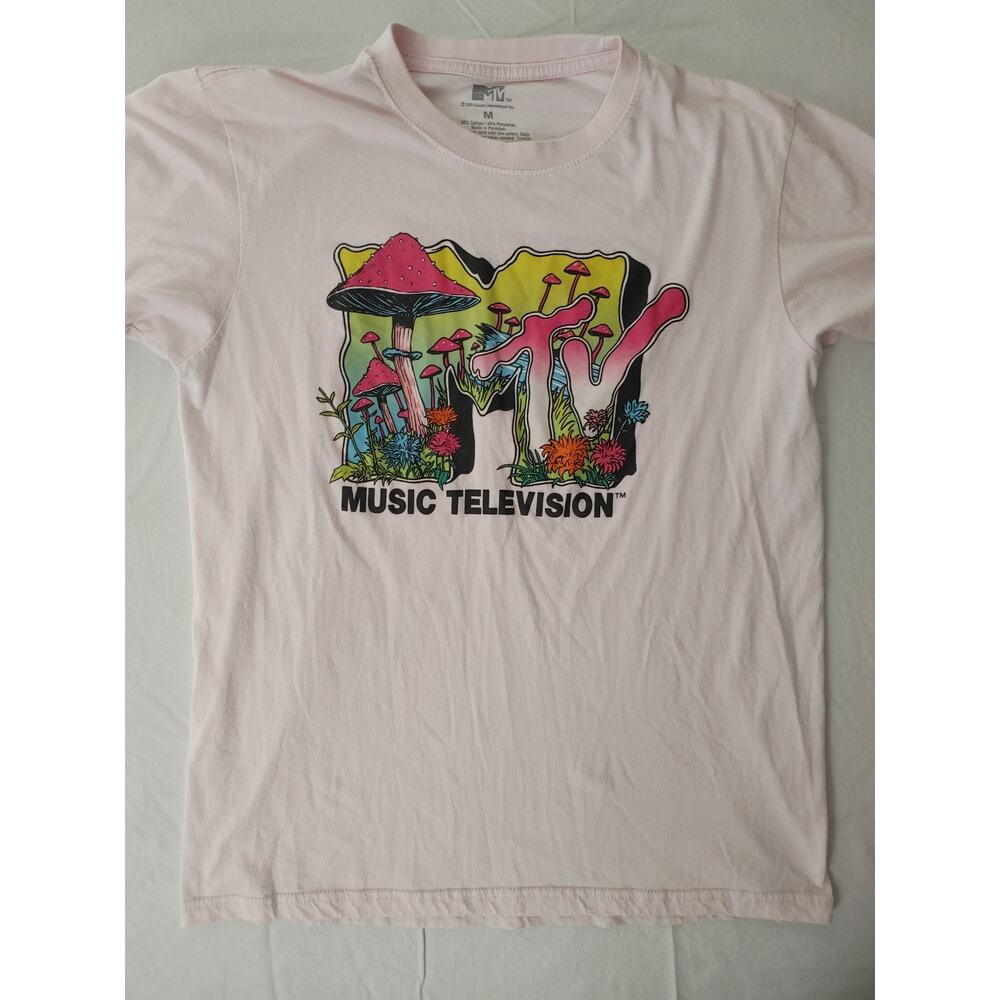 Women's MTV Pink Graphic T Shirt Mushrooms Size M Short Sleeve